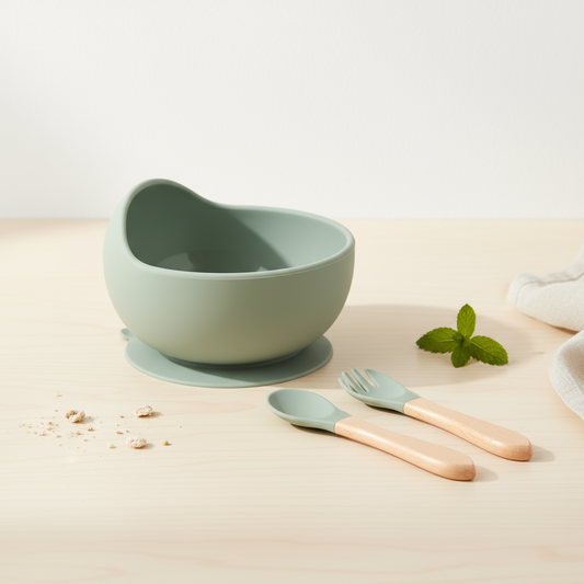 Silikonowa miseczka z przyssawką + sztućce | zestaw