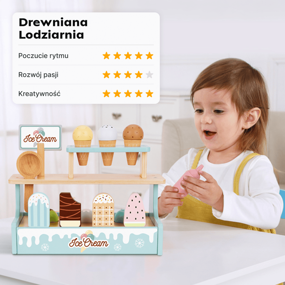 Drewniana Lodziarnia - Zestaw do Zabawy dla Dzieci z Akcesoriami — szczegóły | dlaBambika