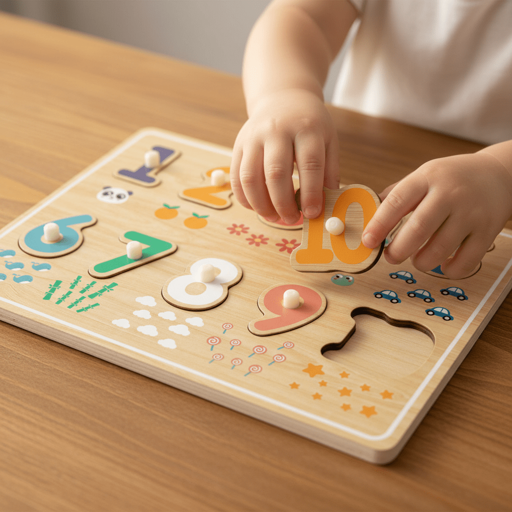 Dziecko układa puzzle z liczbami — drewniana układanka | dlaBambika