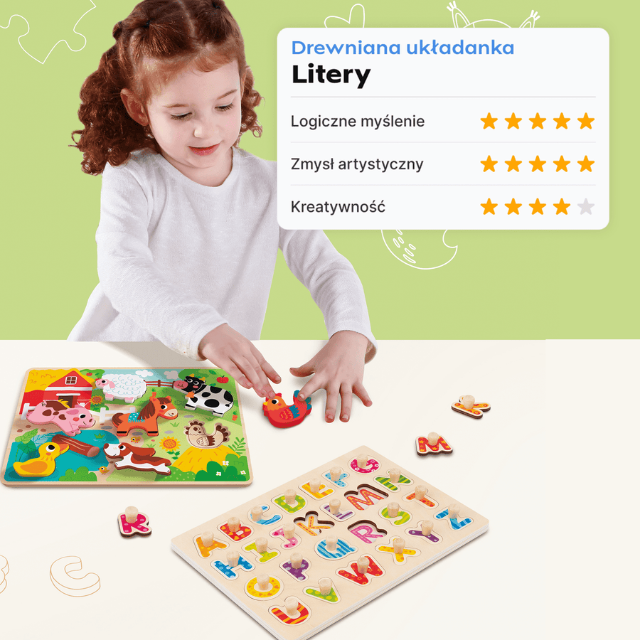 Drewniana układanka puzzle - literki — widok z boku | dlaBambika