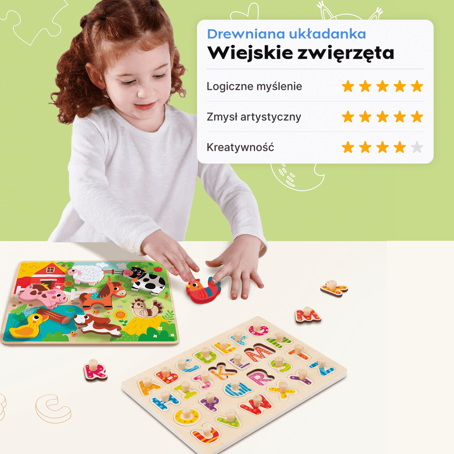 Drewniana układanka puzzle - wiejskie zwierzątka — widok z boku | dlaBambika